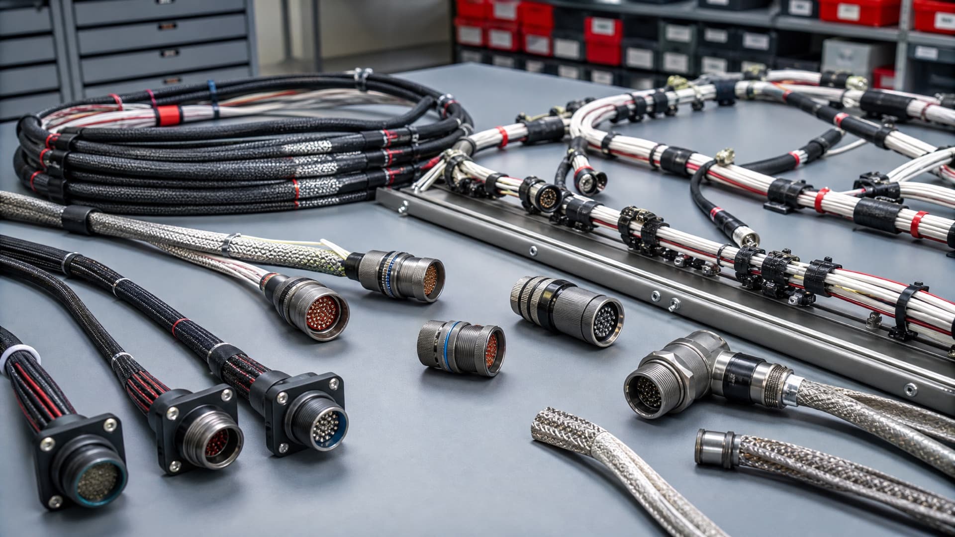 Aerospace electrical connectors and wiring harnesses on an avionics bench