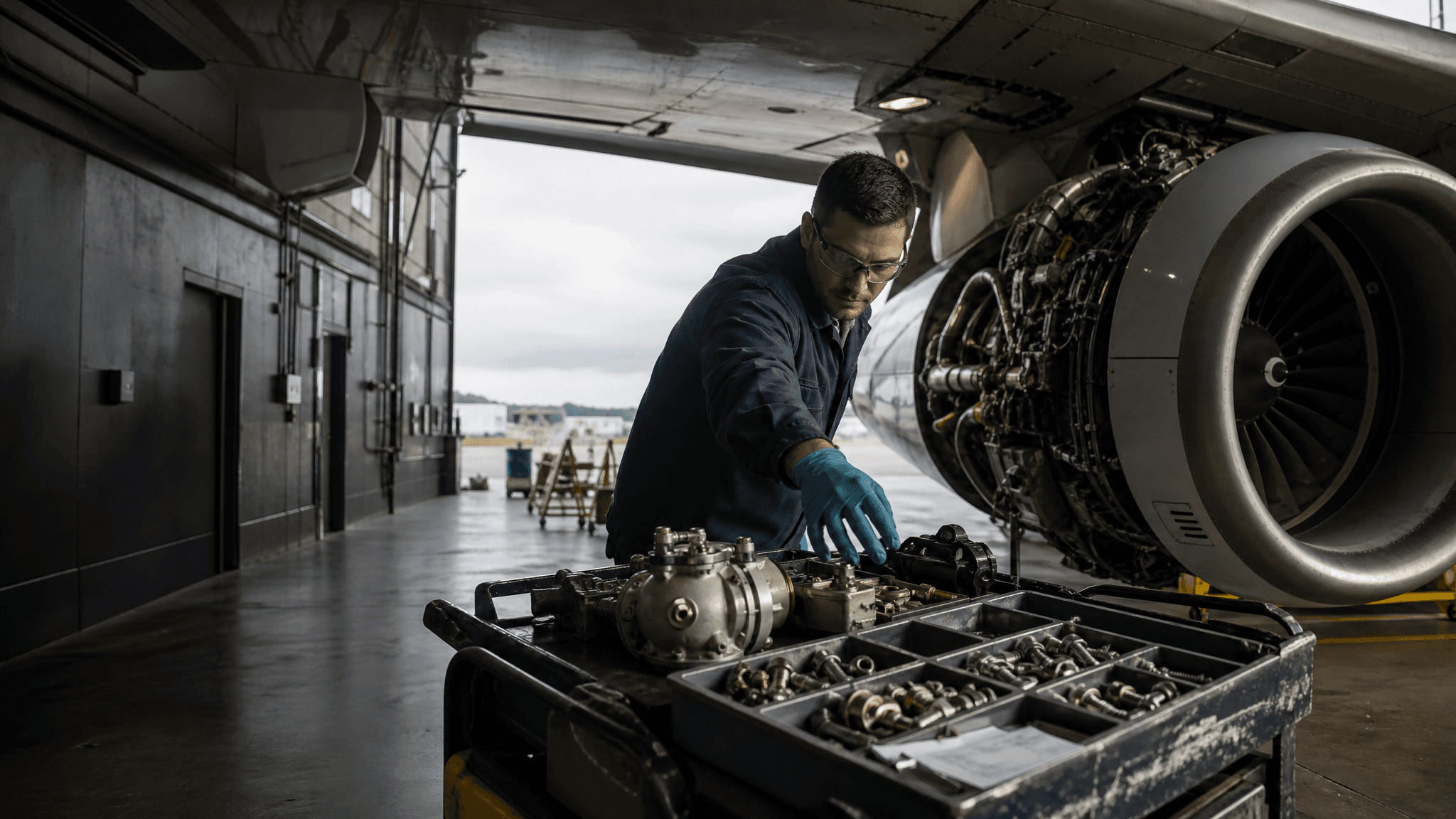 Commercial aircraft engine maintenance in an MRO hangar