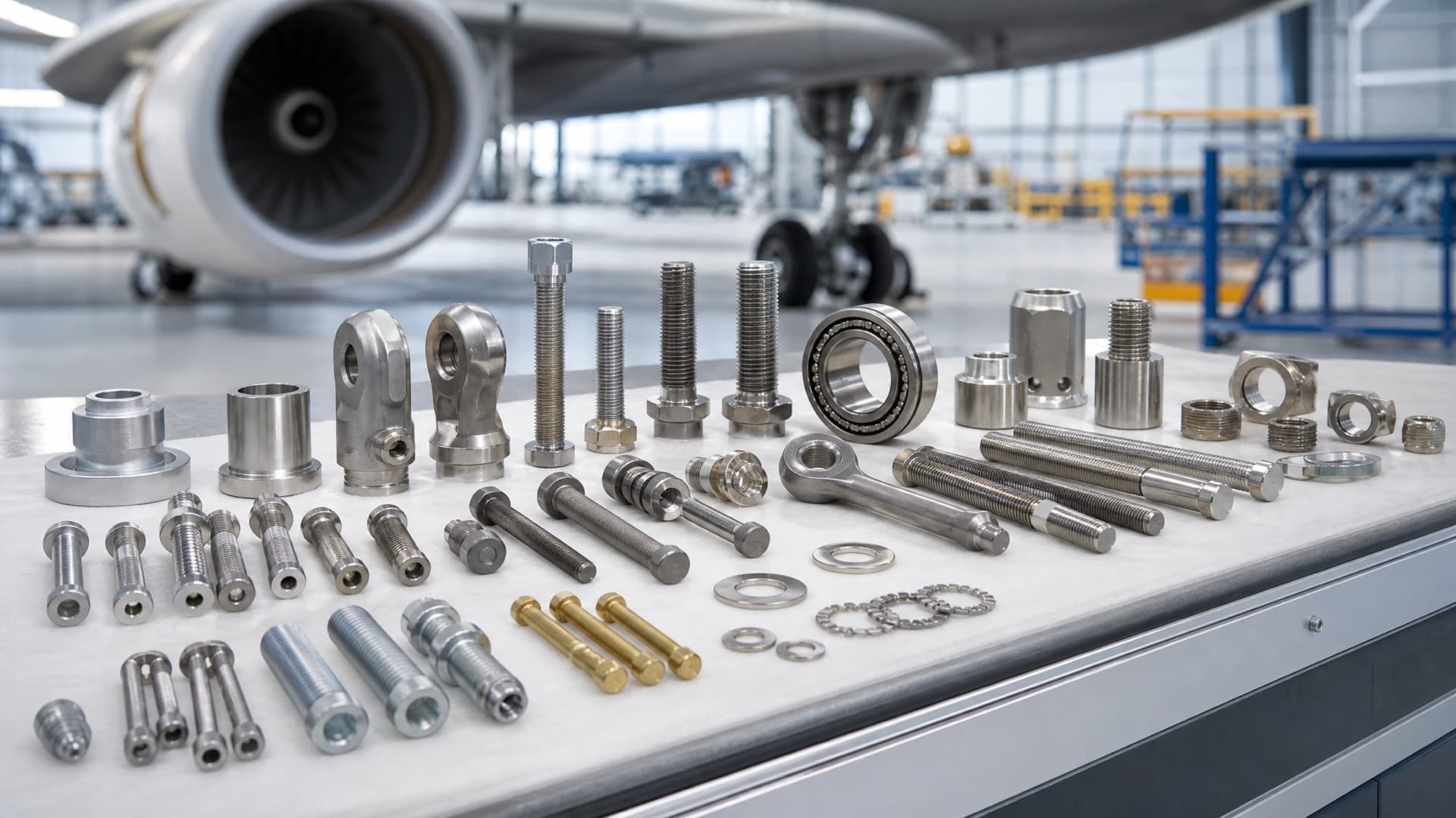 Aircraft-grade fasteners and precision hardware on an inspection bench